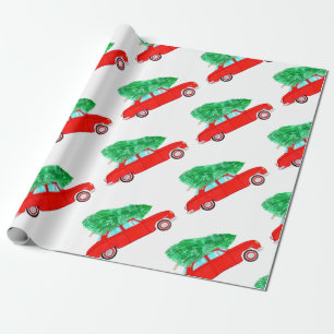 Red Car with Christmas tree Watercolor Wrapping Paper