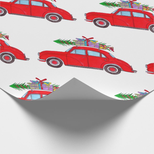 Red Car with Christmas tree Watercolor Wrapping Paper (Corner)