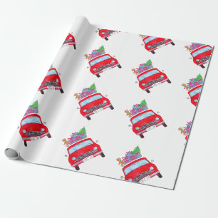 Red Car with Christmas tree Watercolor Wrapping Paper