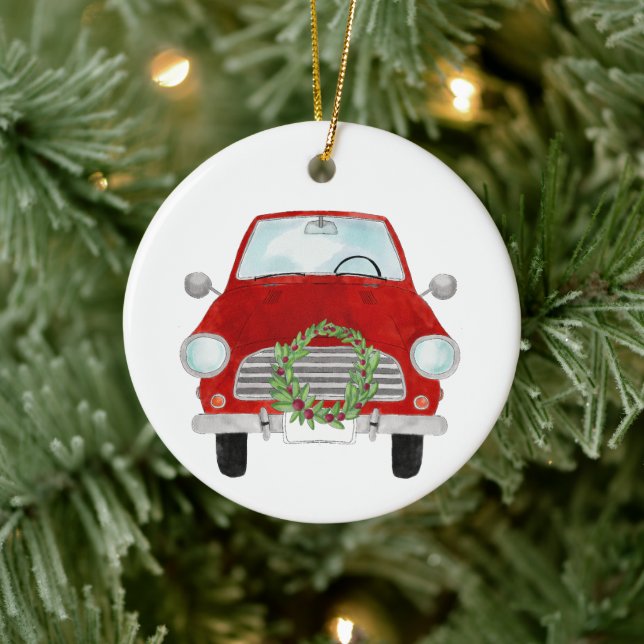 Red Car with Christmas wreath Ceramic Tree Decoration (Tree)