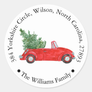 Red Car with Xmas Tree Holiday Return Address Classic Round Sticker
