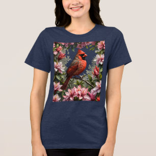 Red Cardinal Amongst Pink Rhododendrons Tri-Blend Shirt