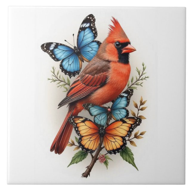 red cardinal and butterflies tile (Front)