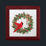 Red Cardinal and Christmas Wreath Gift Box<br><div class="desc">A pretty Christmas gift box for jewellery or precious keepsakes.  The original painting is a red Cardinal bird perched on a Christmas wreath of holly.  A pretty golden bow adds some sparkle to the design.  by international artist,  Jan Law.
A lovely gift for young girls and women.</div>