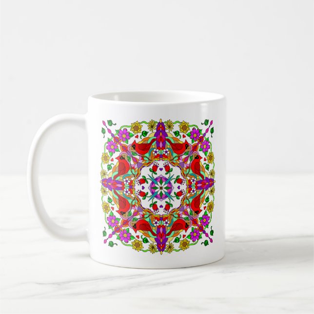 Red cardinal and Colourful Flowers Mandala Coffee Mug (Left)