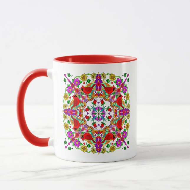 Red cardinal and Colourful Flowers Mandala Mug (Left)