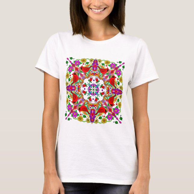 Red cardinal and Colourful Flowers Mandala T-Shirt (Front)