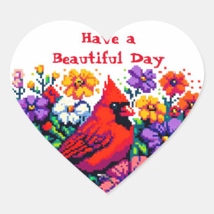 Red Cardinal and Flowers   Beautiful Day Heart Sticker