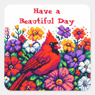 Red Cardinal and Flowers Beautiful Day Square Sticker