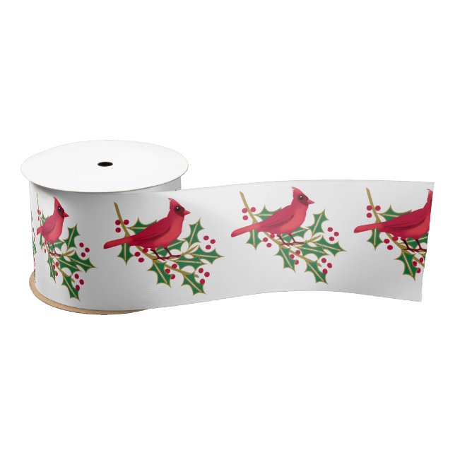 Red Cardinal and Holly Branch Pattern Christmas Satin Ribbon (Spool)