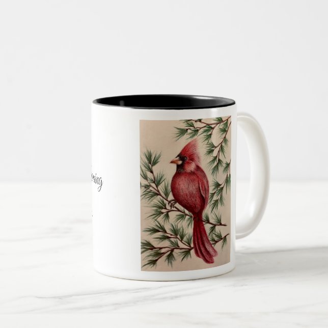 Red Cardinal and Pine Two-Tone Coffee Mug (Front Right)