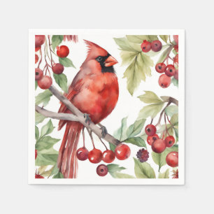 Red Cardinal and Red Berry Branch Christmas  Napkin