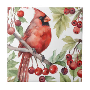 Red Cardinal and Red Berry Branch Christmas Tile