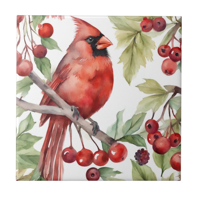 Red Cardinal and Red Berry Branch Christmas  Tile (Front)