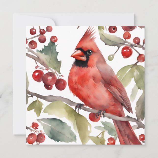 Red Cardinal and Wild Berries Christmas  Holiday Card (Front)