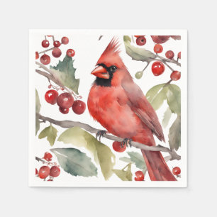 Red Cardinal and Wild Berries Christmas  Napkin