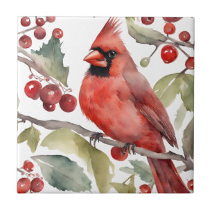 Red Cardinal and Wild Berries Christmas Tile