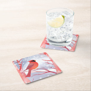 Red Cardinal Beautiful Watercolor Painting Square Paper Coaster