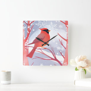 Red Cardinal   Beautiful Watercolor Painting Square Wall Clock