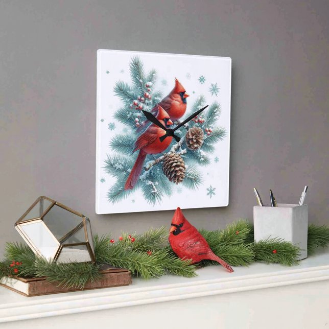 Red Cardinal Bird and Pine Wall Clock (Add cozy ambiance to your space with red cardinal birds wall clock. )