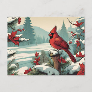 Red Cardinal Bird and Red Wild Berries Holiday Postcard