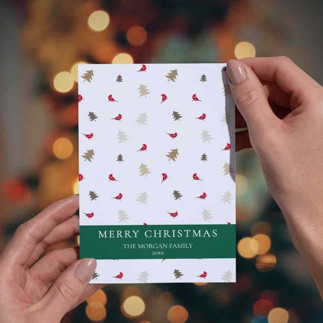 Red Cardinal Bird Christmas Card Modern Pine Trees (Creator Uploaded)