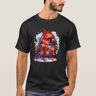 Red Cardinal Bird Christmas Lights Watercolor Snow T-Shirt