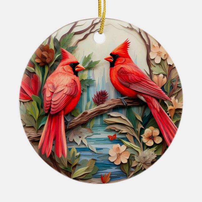 Red Cardinal Bird Christmas Personalised  Ceramic Tree Decoration (Front)