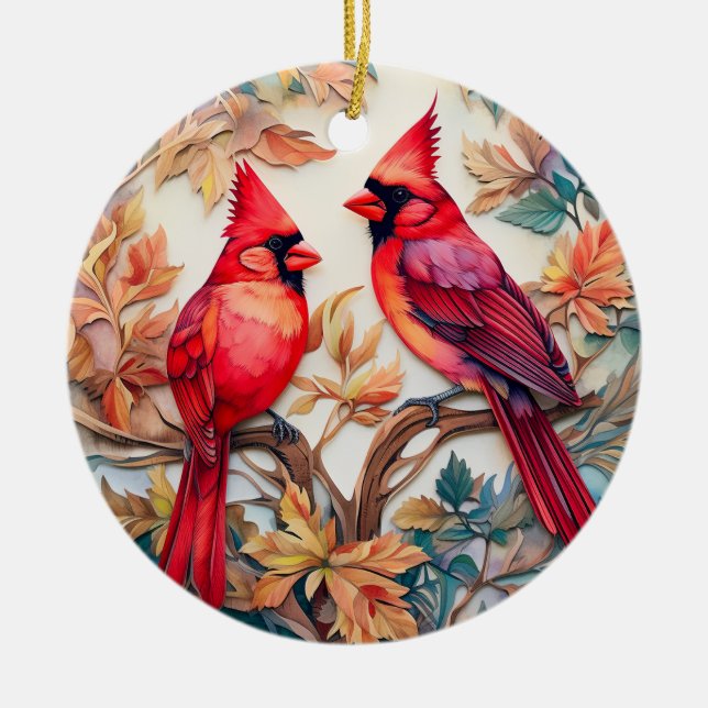 Red Cardinal Bird Christmas Personalised  Ceramic Tree Decoration (Front)
