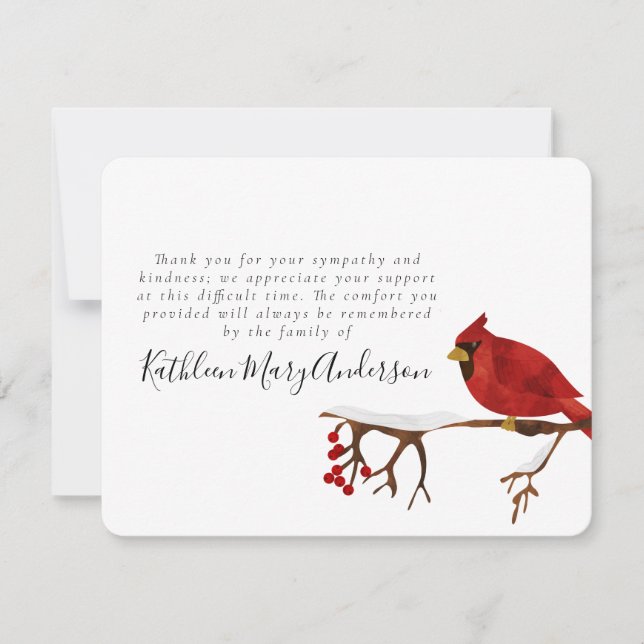 Red Cardinal Bird Funeral Thank You Card (Front)