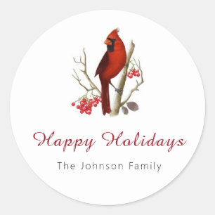 Red Cardinal Bird Happy Holidays Christmas Classic Round Sticker