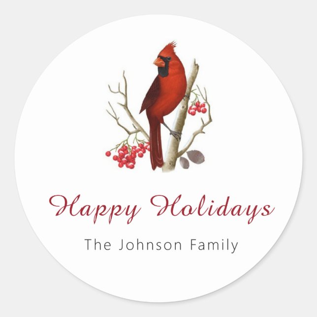 Red Cardinal Bird Happy Holidays Christmas Classic Round Sticker (Front)