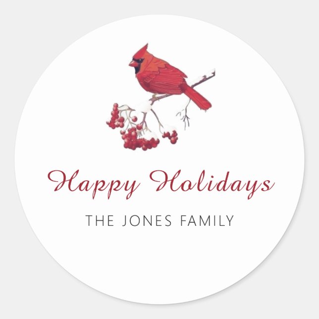 Red Cardinal Bird Happy Holidays Christmas Classic Round Sticker (Front)