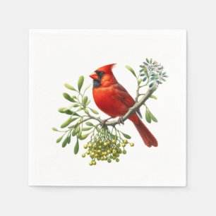 Red Cardinal Bird Holiday Mistletoe Napkin