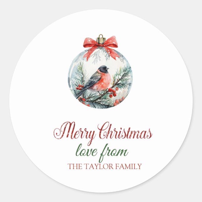 Red Cardinal Bird Holly Berry Ball Christmas Classic Round Sticker (Front)