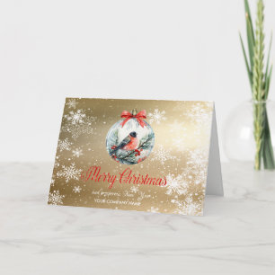 Red Cardinal Bird Holly Berry Ball Christmas Holiday Card