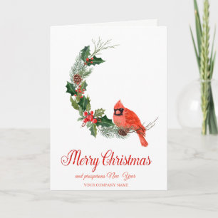 Red Cardinal Bird Holly Berry Christmas Holiday Card