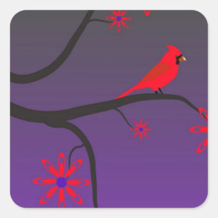 Red Cardinal bird in a tree on purple background. Square Sticker