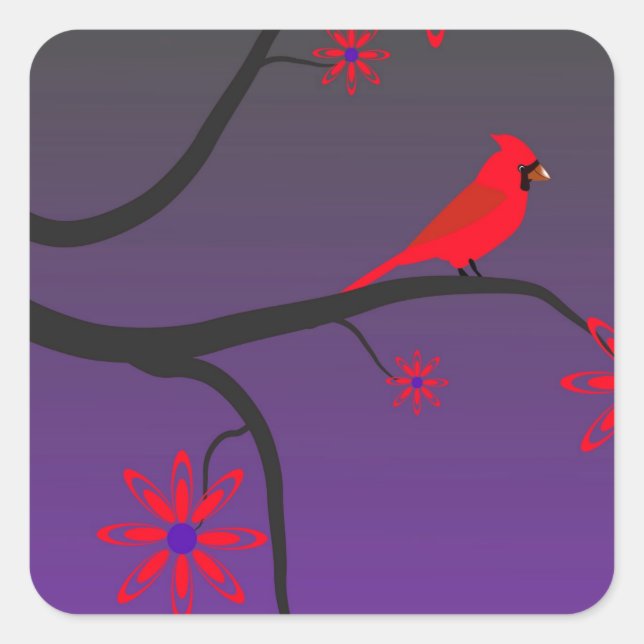 Red Cardinal bird in a tree on purple background. Square Sticker (Front)