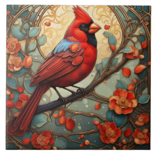 Red Cardinal Bird in an Art Nouveau Art Deco style Tile