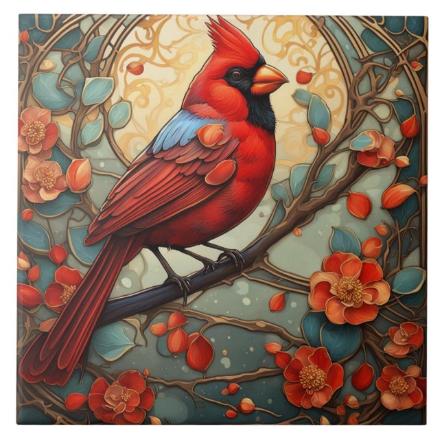 Red Cardinal Bird in an Art Nouveau Art Deco style Tile (Front)