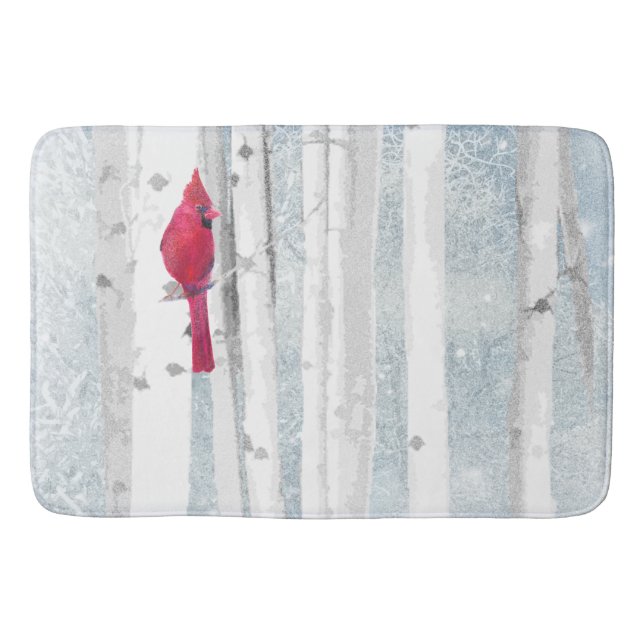 Red Cardinal Bird in beautiful snowy Birch Tree Bath Mat (Front)