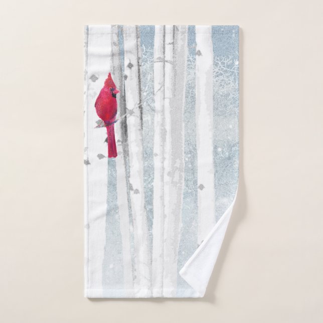 Red Cardinal Bird in beautiful snowy Birch Tree Hand Towel (Hand Towel)