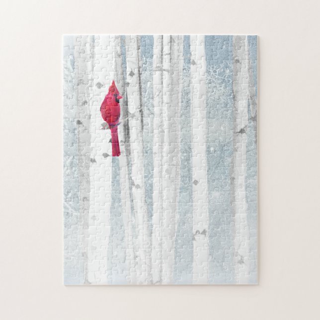 Red Cardinal Bird in beautiful snowy Birch Tree Jigsaw Puzzle (Vertical)