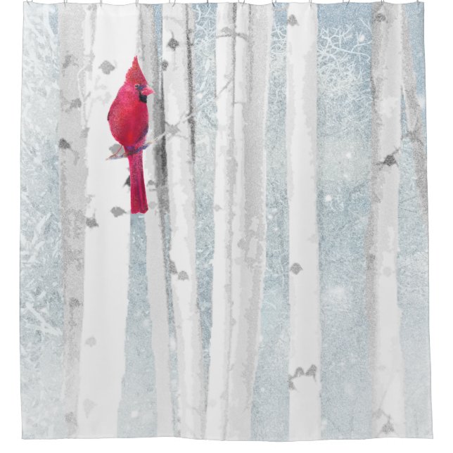 Red Cardinal Bird in beautiful snowy Birch Tree Shower Curtain (Front)
