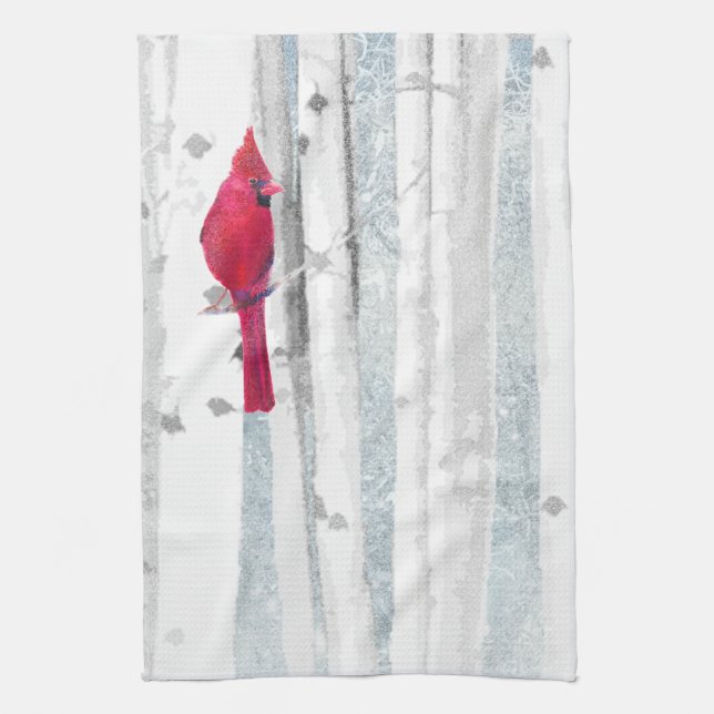 Red Cardinal Bird in beautiful snowy Birch Tree Tea Towel (Vertical)