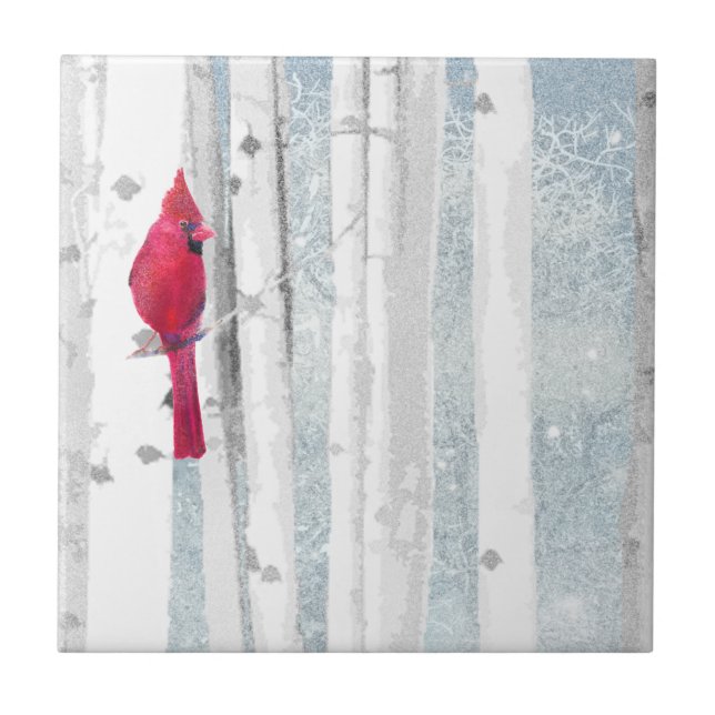 Red Cardinal Bird in beautiful snowy Birch Tree Tile (Front)