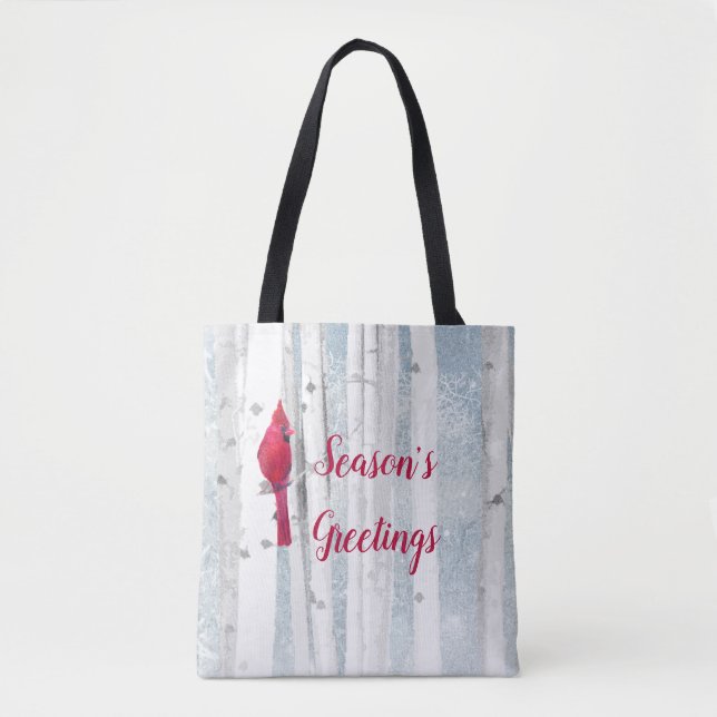 Red Cardinal Bird in beautiful snowy Birch Tree Tote Bag (Front)
