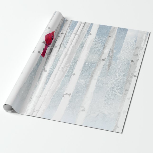Red Cardinal Bird in beautiful snowy Birch Tree Wrapping Paper (Unrolled)