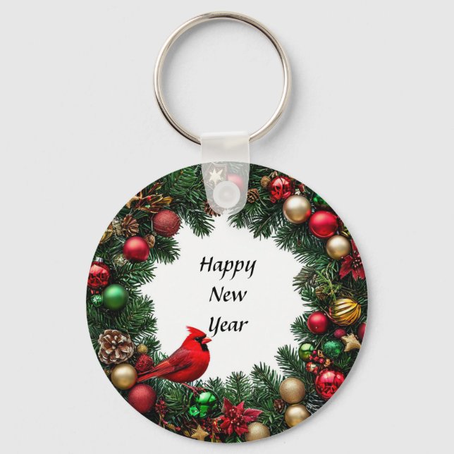 Red Cardinal Bird in Festive Decor Key Ring (Front)